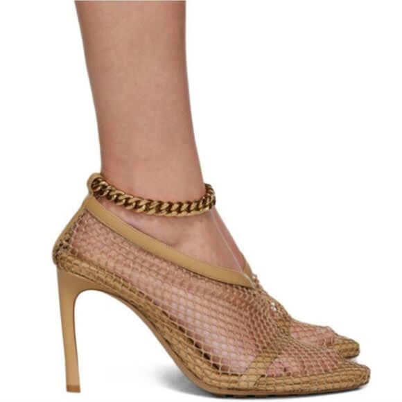 Bottega Veneta Shoes - Bottega Veneta Chain Trimmed Mesh Stretch Pumps Beige Gold